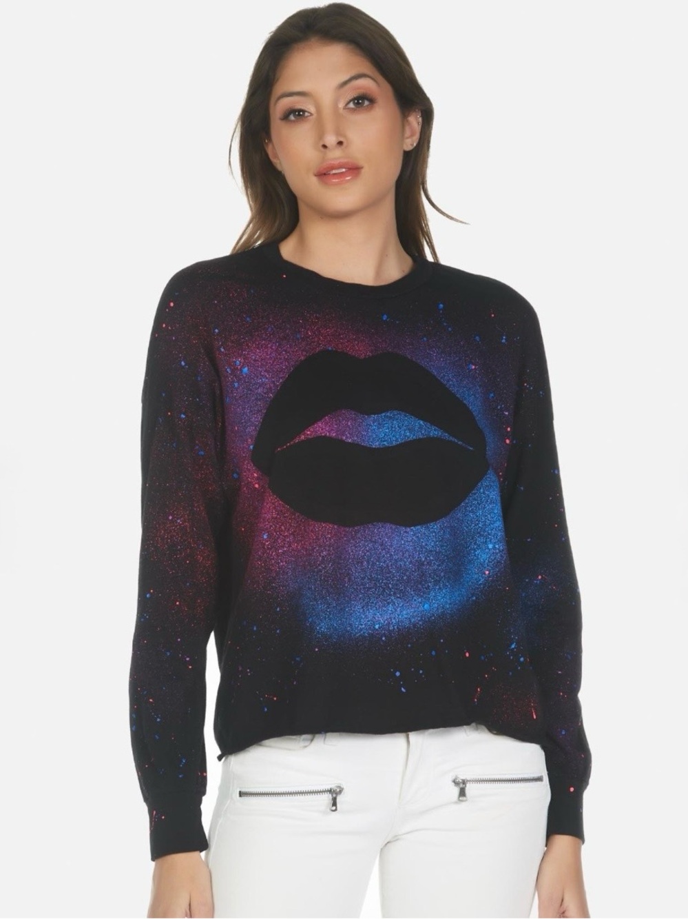 LAUREN MOSHI Luella Galaxy Lip Black Neon Splatter Long Sleeve Designer Top Sz L